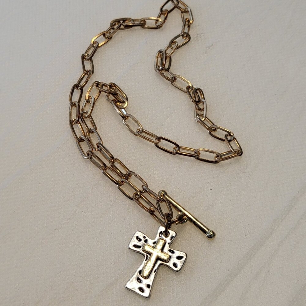 Hammered Two Toned Christian Cross Necklace Paperclip Chain Chunky Prayer